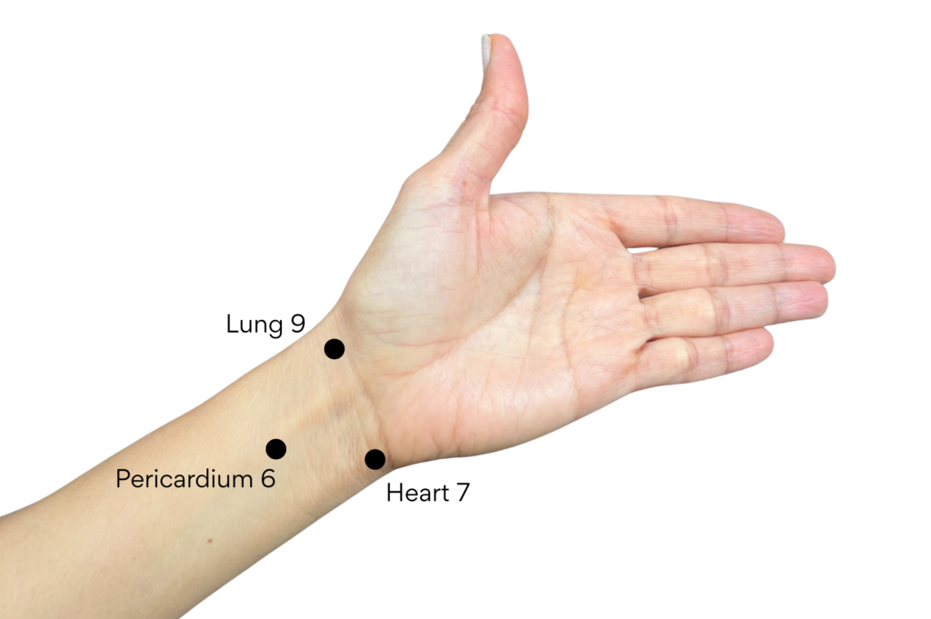 hand showing Buddhas Triangle acupressure points including Lung 9, Pericardium 6 and Heart 7
